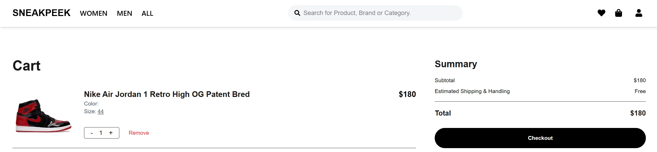 Cart page showing a Nike Air Jordan 1 with quantity controls and an order summary