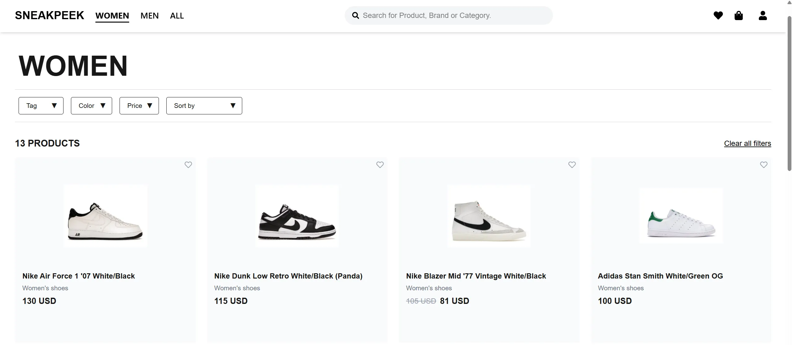 Women's catalog page with tag, color, price, and sort filters across 13 products