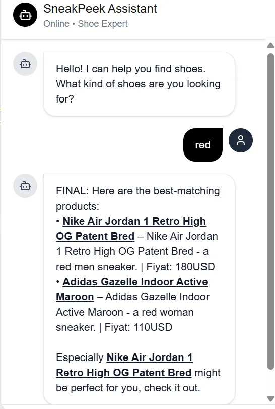 The SneakPeek chatbot assistant matching a request for red shoes to two products from the catalog