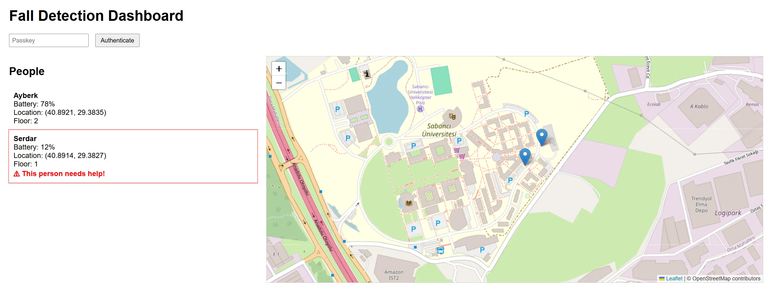 Fall detection dashboard with resident list and campus map view