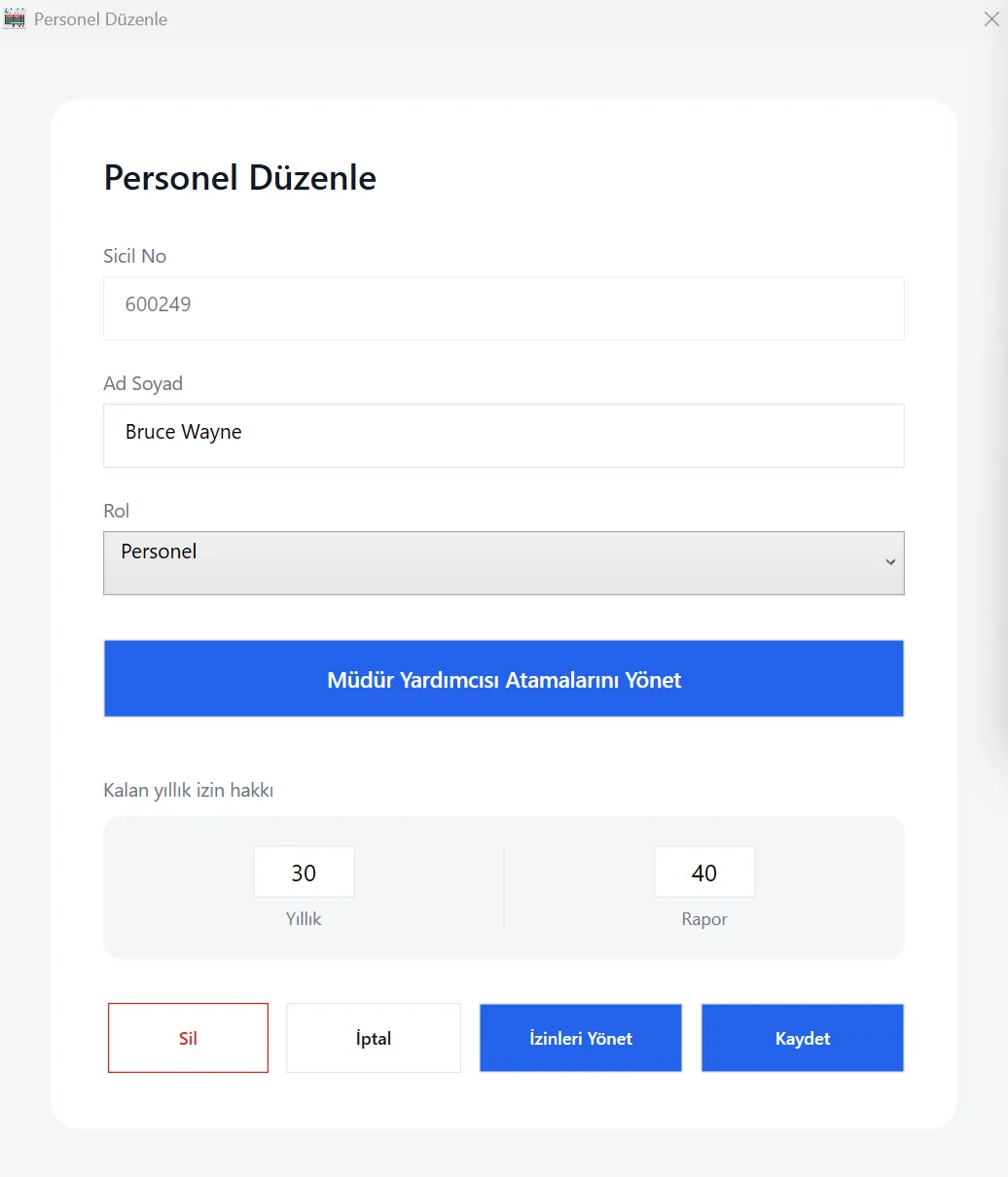 The employee edit dialog showing ID, name, role, and remaining annual and sick leave balances