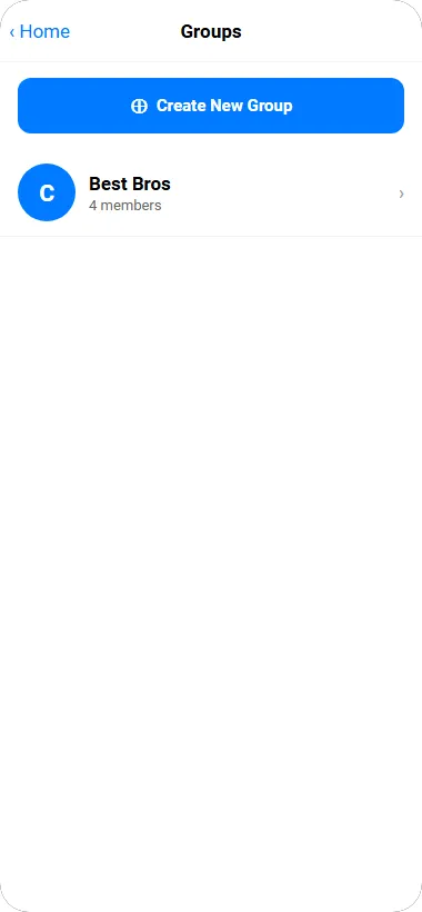 ChatUp groups list showing a group with a member count and a create-group button