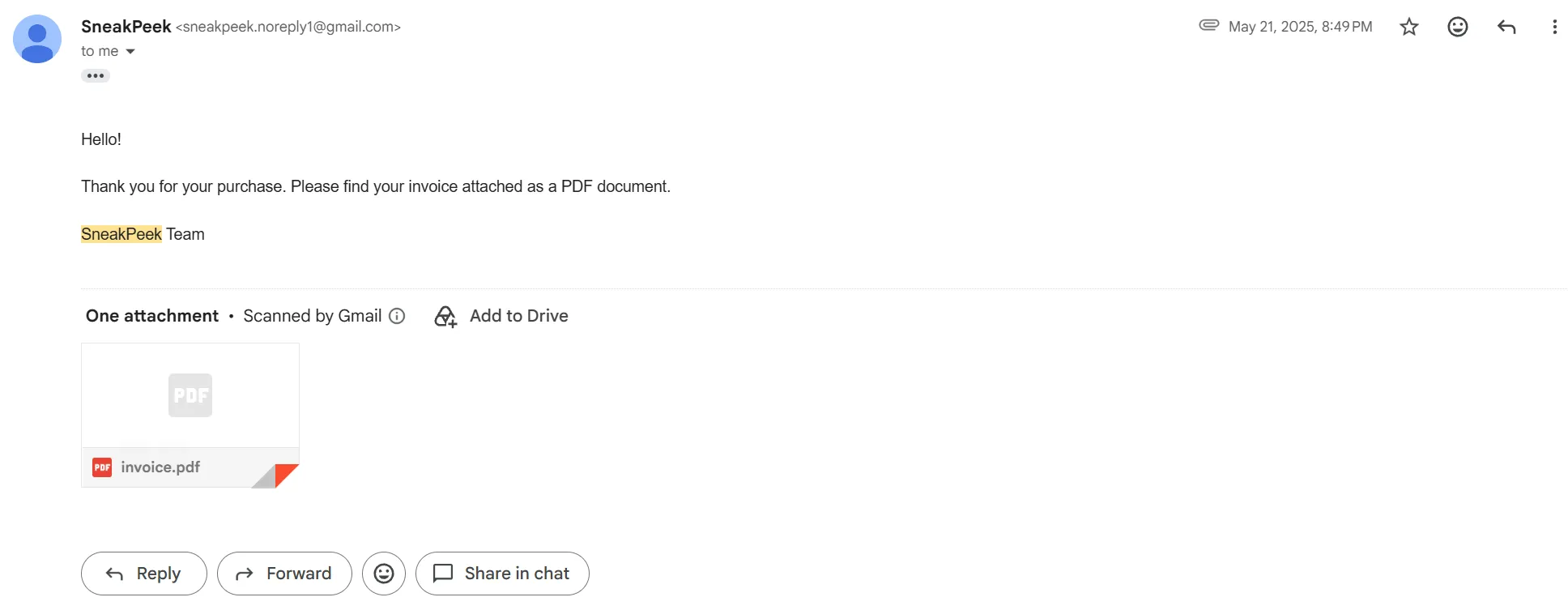 An email from SneakPeek with the invoice PDF attached