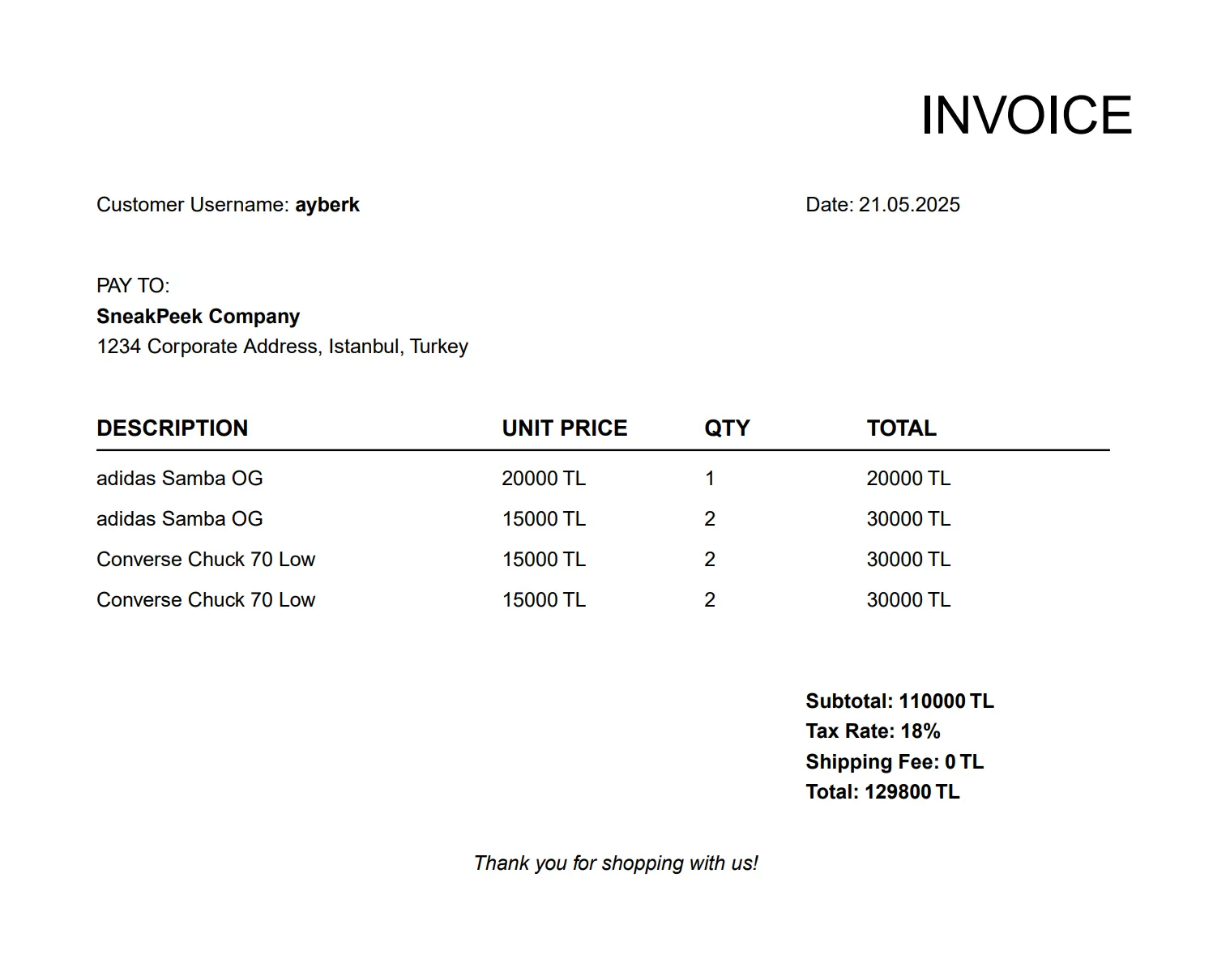 A generated PDF invoice for a SneakPeek order