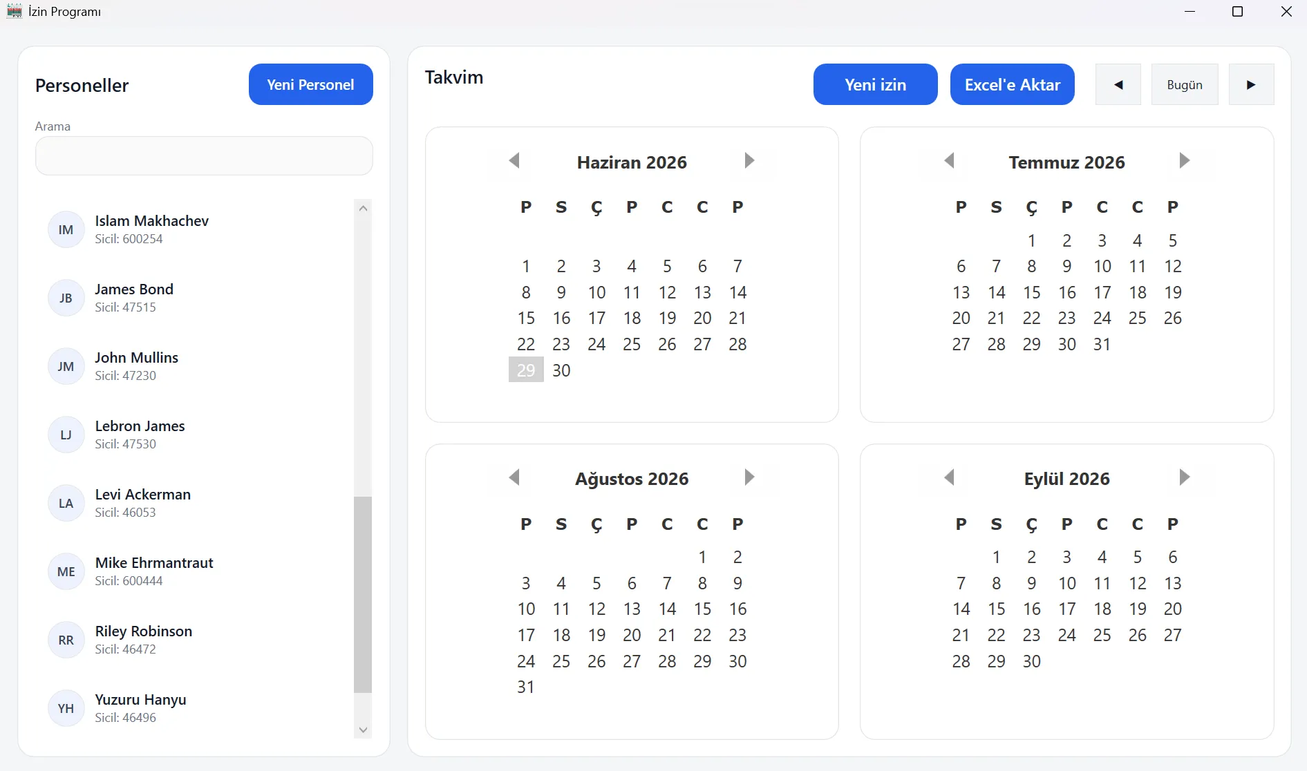 The main window: a staff list on the left and a four-month calendar grid on the right