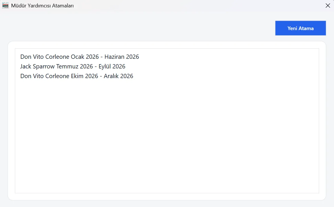 The manager assignment dialog listing which manager oversees the office across month ranges