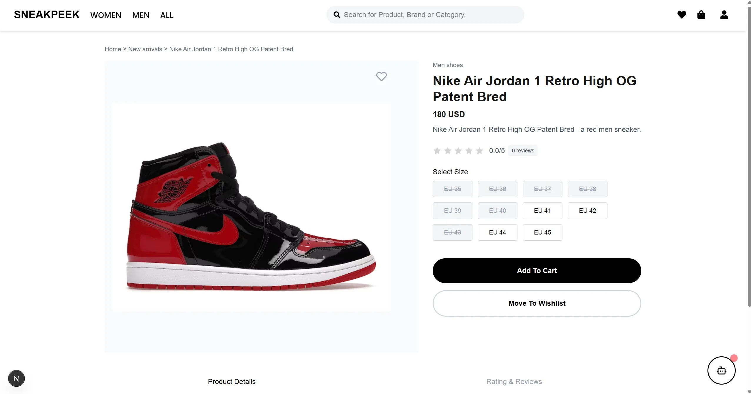 Product detail page for a Nike Air Jordan 1 showing size selection, rating, add to cart, and wishlist