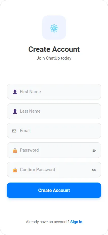 ChatUp create-account screen with name, email, and password fields