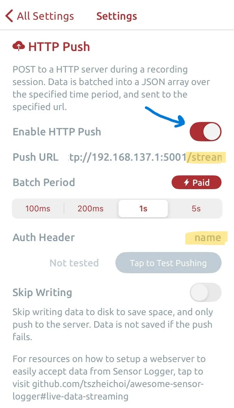 Sensor Logger app HTTP push configuration screen