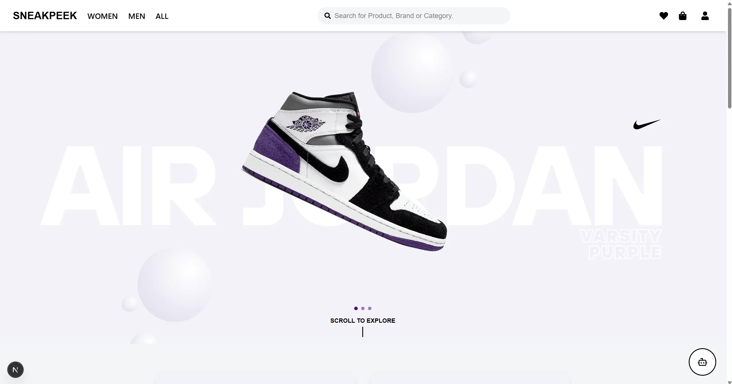 SneakPeek storefront landing page featuring an Air Jordan sneaker